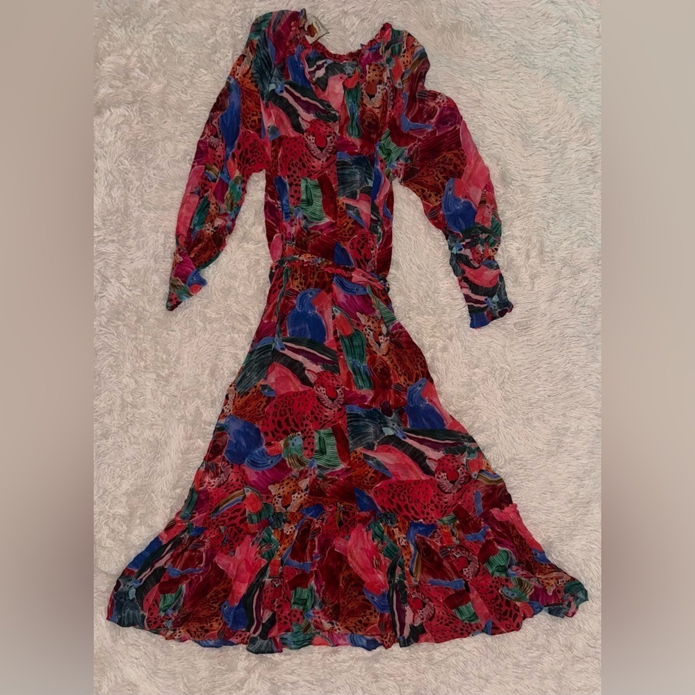 NWOT Farm Rio Animal Collage print belted long sleeves high neck Maxi Dress sz M - Picture 8 of 8